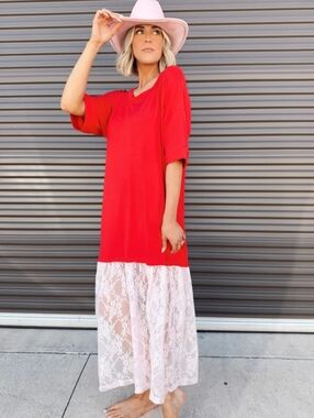 Red Dress With Pink Lace Bottom